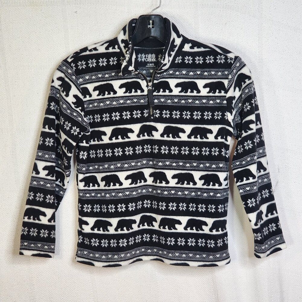 Falls Creek Black White ¼ Zip LS Poly Fleece Bear Motif Pull On Shacket Sz S 6/7